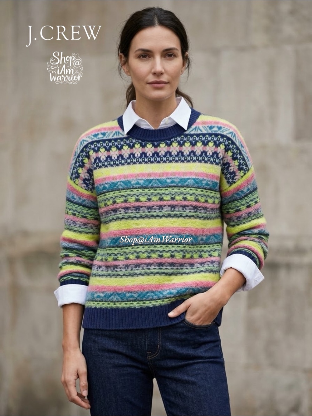 J.Crew Neon Fair Isle Mohair Wool Blend Striped Crewneck Sweater